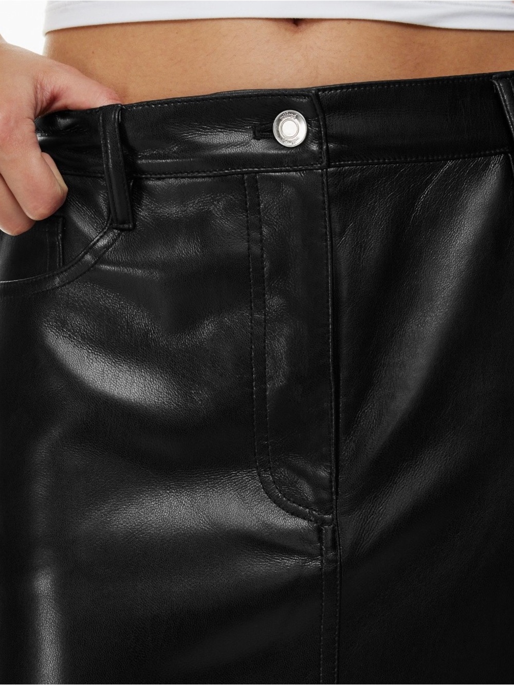 Aritzia Wilfred Black Faux Leather High-Waist Mini Skirt with Branded Button